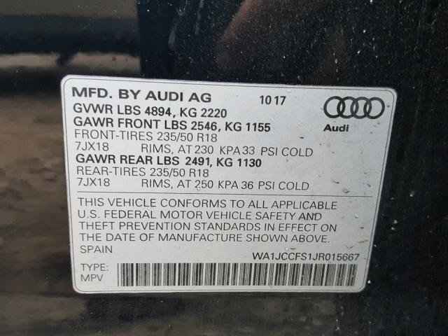 WA1JCCFS1JR015667 - 2018 AUDI Q3 PREMIUM BLACK photo 10