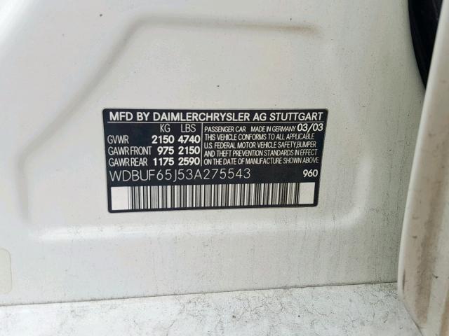 WDBUF65J53A275543 - 2003 MERCEDES-BENZ E 320 WHITE photo 10