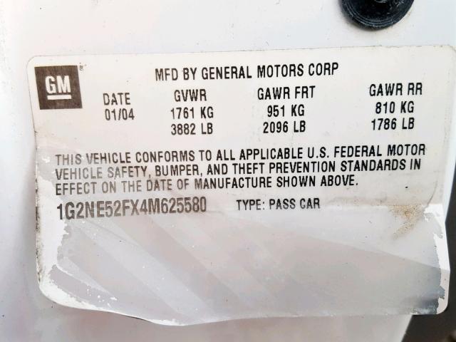 1G2NE52FX4M625580 - 2004 PONTIAC GRAND AM S WHITE photo 10