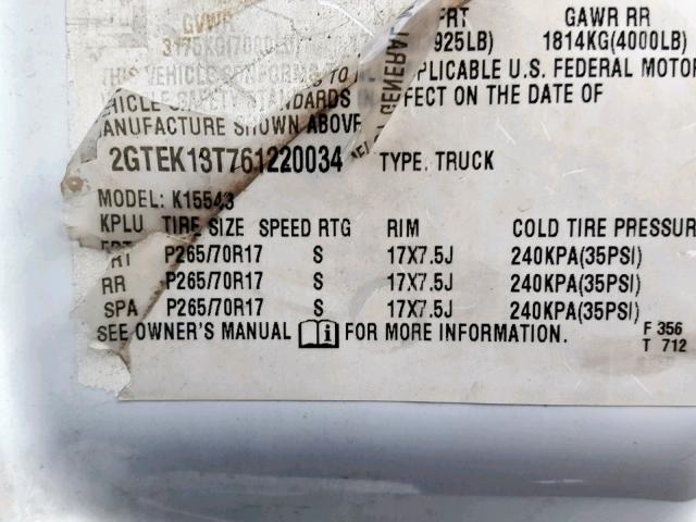 2GTEK13T761220034 - 2006 GMC NEW SIERRA WHITE photo 10