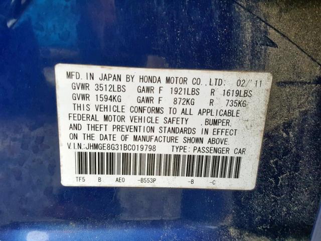 JHMGE8G31BC019798 - 2011 HONDA FIT BLUE photo 10