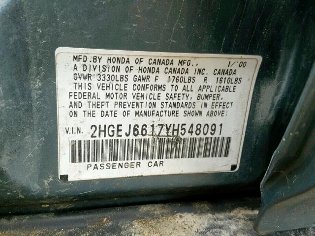 2HGEJ6617YH548091 - 2000 HONDA CIVIC BASE 青色 照片 10