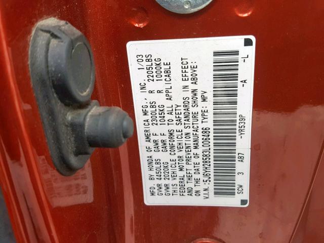 5J6YH28583L006486 - 2003 HONDA ELEMENT EX ORANGE photo 10