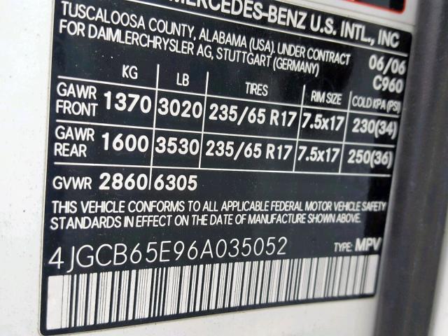 4JGCB65E96A035052 - 2006 MERCEDES-BENZ R 350 WHITE photo 10