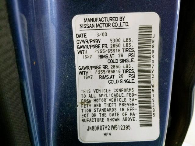 JN8DR07Y21W512395 - 2001 NISSAN PATHFINDER BLUE photo 10