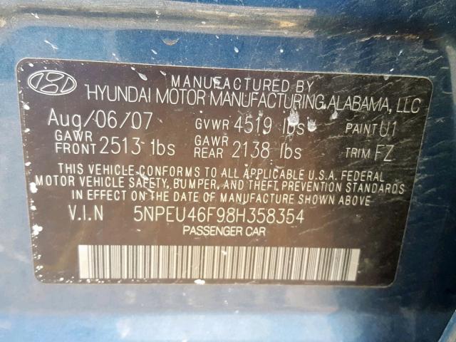 5NPEU46F98H358354 - 2008 HYUNDAI SONATA SE BLUE photo 10