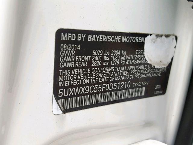 5UXWX9C55F0D51210 - 2015 BMW X3 XDRIVE2 WHITE photo 10