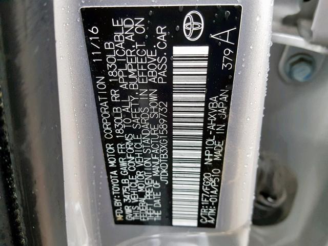 JTDKDTB3XG1589732 - 2016 TOYOTA PRIUS C SILVER photo 10