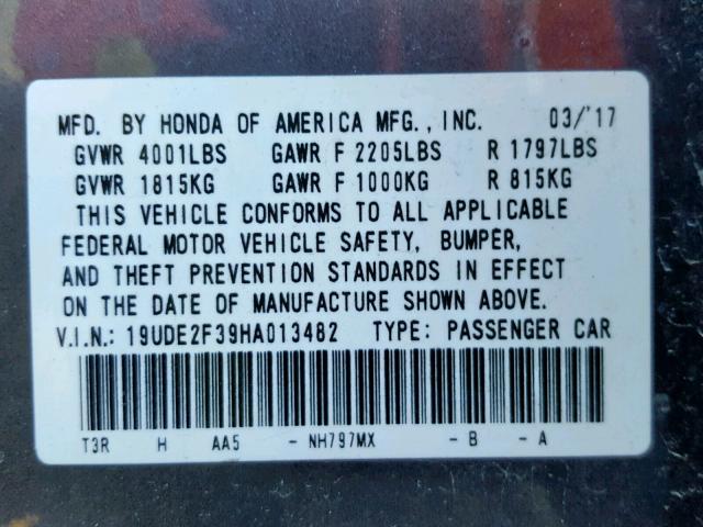 19UDE2F39HA013482 - 2017 ACURA ILX BASE GRAY photo 10