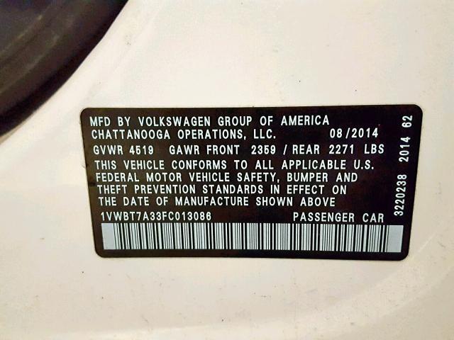 1VWBT7A33FC013086 - 2015 VOLKSWAGEN PASSAT SE WHITE photo 10