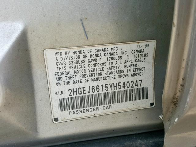 2HGEJ6615YH540247 - 2000 HONDA CIVIC BASE Gümüş foto 10