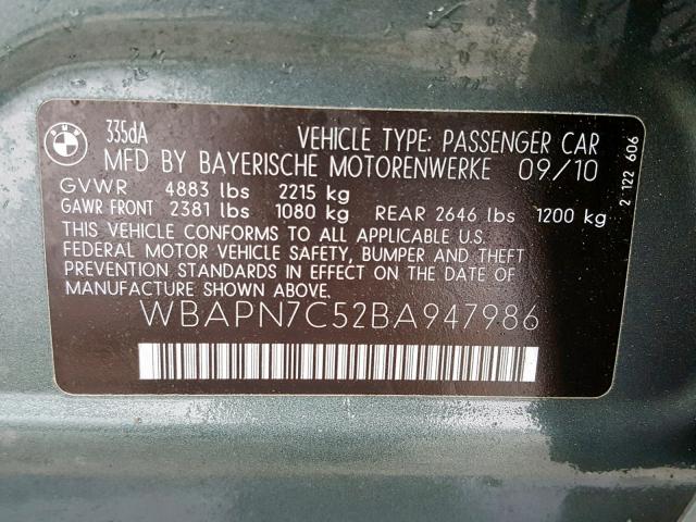 WBAPN7C52BA947986 - 2011 BMW 335 D GREEN photo 10