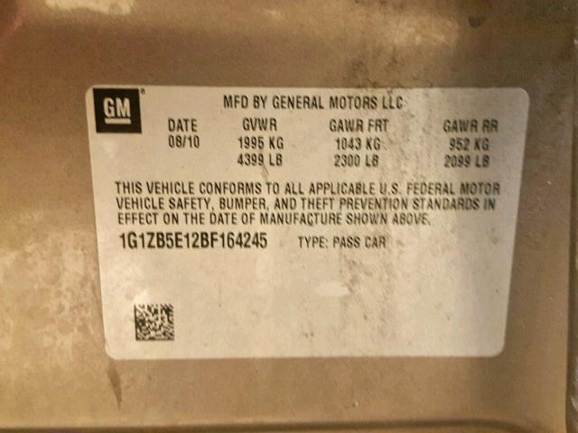 1G1ZB5E12BF164245 - 2011 CHEVROLET MALIBU LS თაფლისფერი ფოტო 10