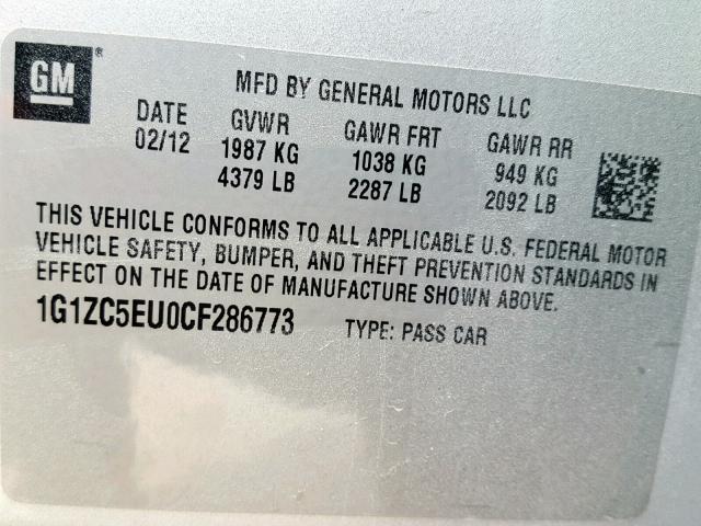 1G1ZC5EU0CF286773 - 2012 CHEVROLET MALIBU 1LT SILVER photo 10