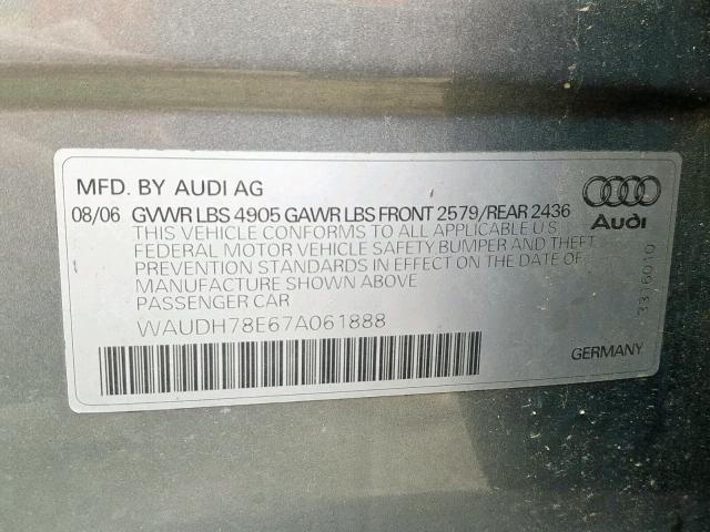 WAUDH78E67A061888 - 2007 AUDI A4 3.2 QUA SILVER photo 10