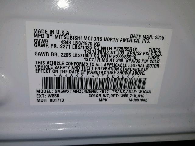 4A4AR3AW5FE028427 - 2015 MITSUBISHI OUTLANDER WHITE photo 10