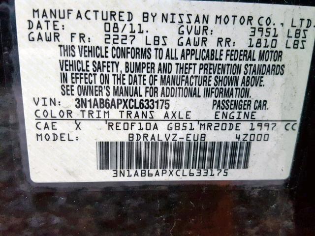 3N1AB6APXCL633175 - 2012 NISSAN SENTRA 2.0 BLACK photo 10