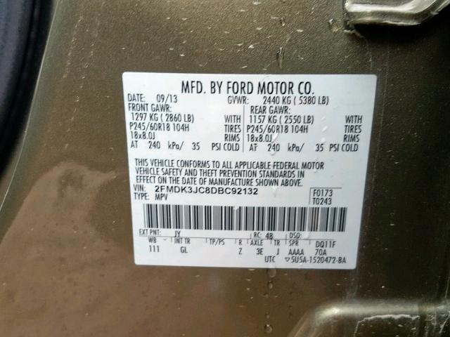 2FMDK3JC8DBC92132 - 2013 FORD EDGE SEL GREEN photo 10