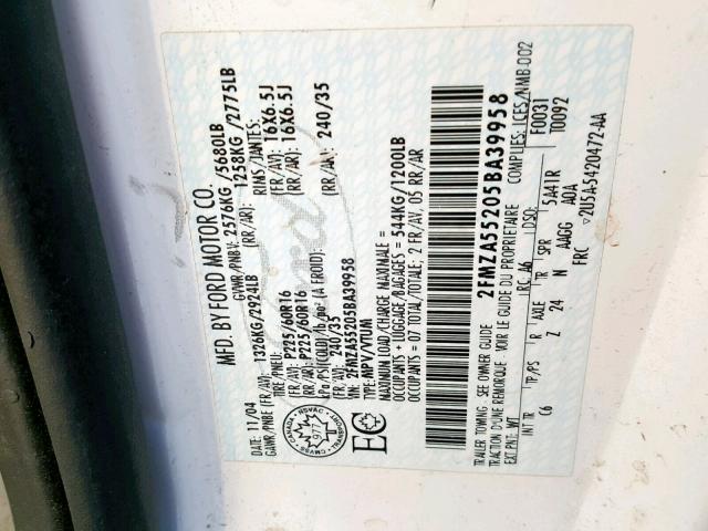 2FMZA55205BA39958 - 2005 FORD FREESTAR S WHITE photo 10