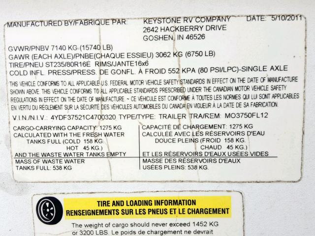 4YDF37521C4700320 - 2012 KEYSTONE MONTANA WHITE photo 10