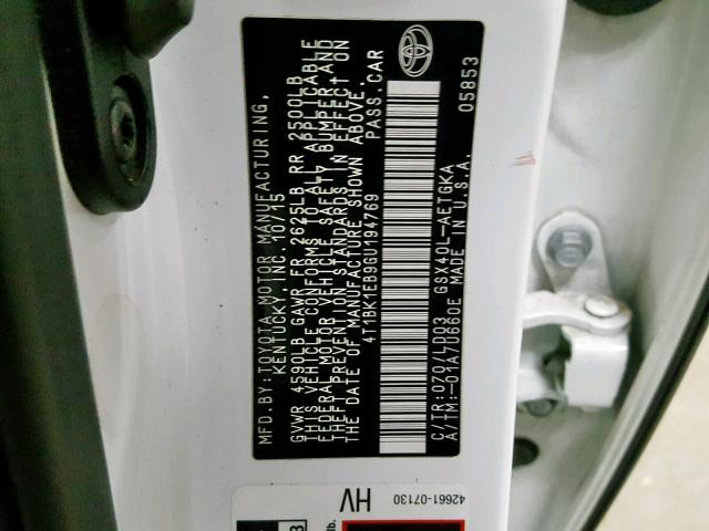 4T1BK1EB9GU194769 - 2016 TOYOTA AVALON XLE WHITE photo 10