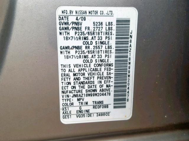 JN8AZ18W99W204478 - 2009 NISSAN MURANO S GRAY photo 10