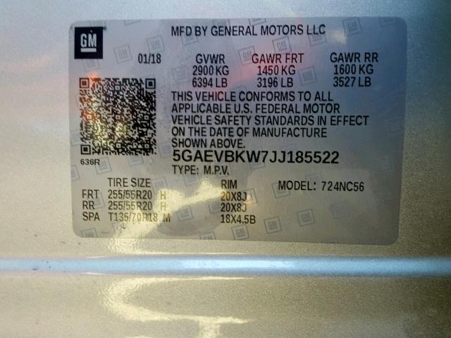 5GAEVBKW7JJ185522 - 2018 BUICK ENCLAVE PR SILVER photo 10