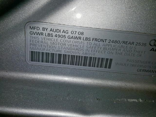 WAULF78K49N015107 - 2009 AUDI A4 2.0T QU SILVER photo 10