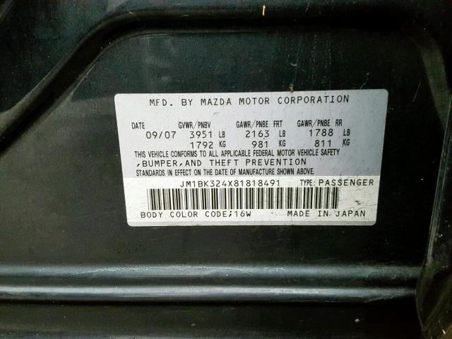 JM1BK324X81818491 - 2008 MAZDA 3 S BLACK photo 10