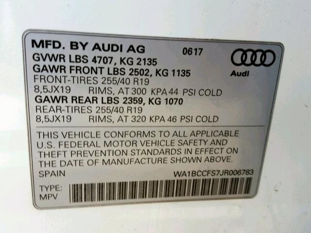 WA1BCCFS7JR006783 - 2018 AUDI Q3 PREMIUM WHITE photo 10