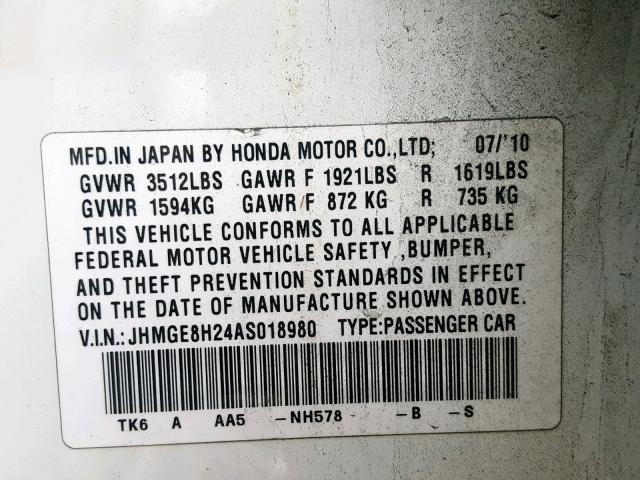 JHMGE8H24AS018980 - 2010 HONDA FIT WHITE photo 10