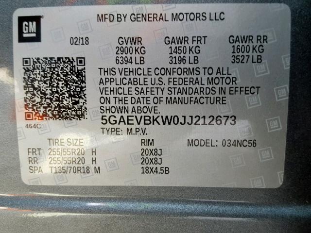 5GAEVBKW0JJ212673 - 2018 BUICK ENCLAVE PR GRAY photo 10