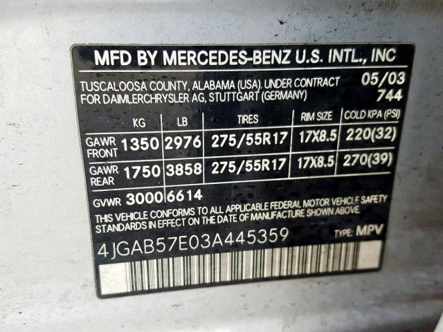 4JGAB57E03A445359 - 2003 MERCEDES-BENZ ML 350 SILVER photo 10