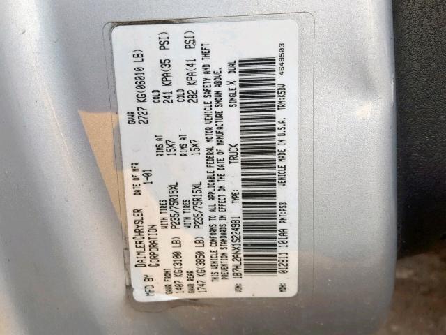 1B7HL2ANX1S224981 - 2001 DODGE DAKOTA QUA SILVER photo 10