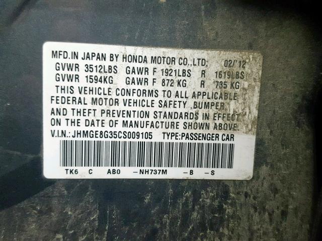 JHMGE8G35CS009105 - 2012 HONDA FIT GRAY photo 10