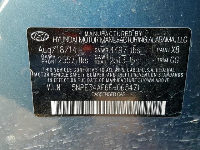 5NPE34AF6FH065471 - 2015 HYUNDAI SONATA SPO TURQUOISE photo 10