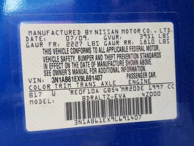 3N1AB61EX9L691407 - 2009 NISSAN SENTRA 2.0 BLUE photo 10