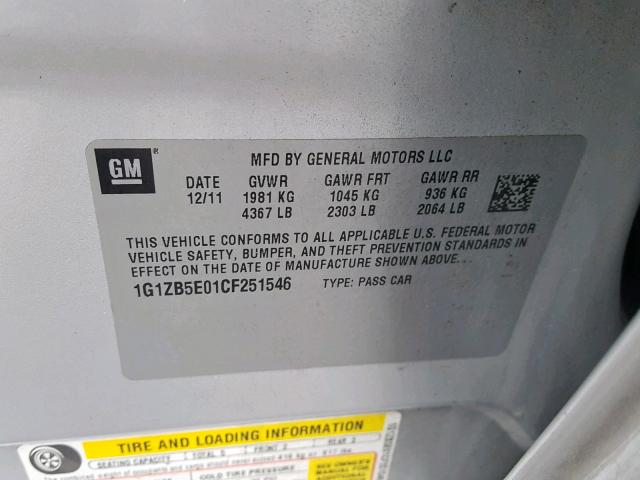 1G1ZB5E01CF251546 - 2012 CHEVROLET MALIBU LS 银色 照片 10