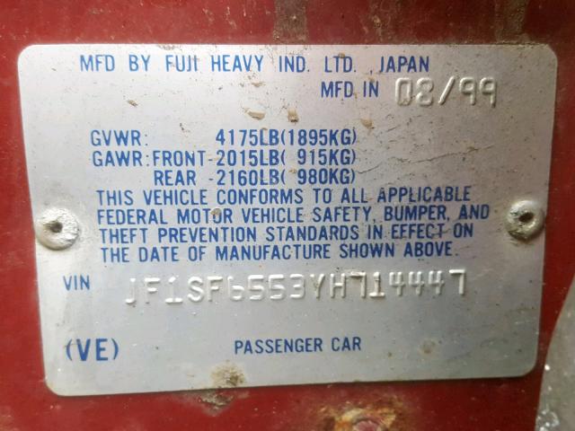 JF1SF6553YH714447 - 2000 SUBARU FORESTER S 红色 照片 10