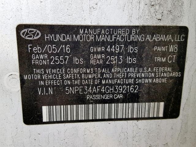 5NPE34AF4GH392162 - 2016 HYUNDAI SONATA SPO WHITE photo 10