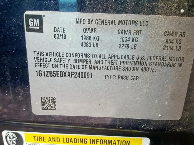 1G1ZB5EBXAF240091 - 2010 CHEVROLET MALIBU LS 蓝色 照片 10