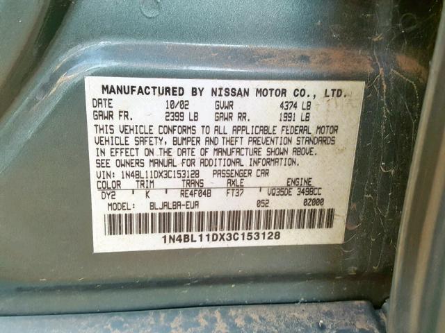 1N4BL11DX3C153128 - 2003 NISSAN ALTIMA SE GREEN photo 10