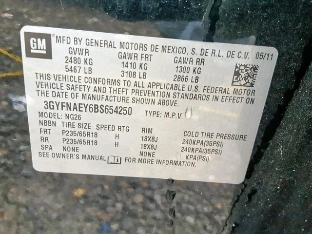 3GYFNAEY6BS654250 - 2011 CADILLAC SRX LUXURY BLACK photo 10