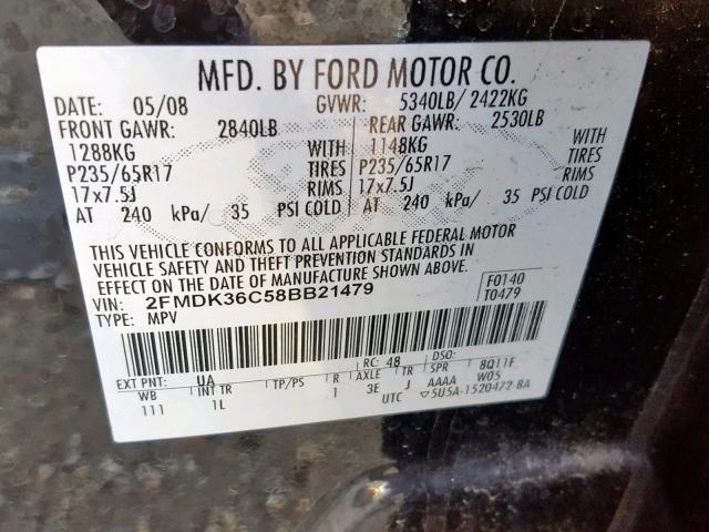 2FMDK36C58BB21479 - 2008 FORD EDGE SE BLACK photo 10