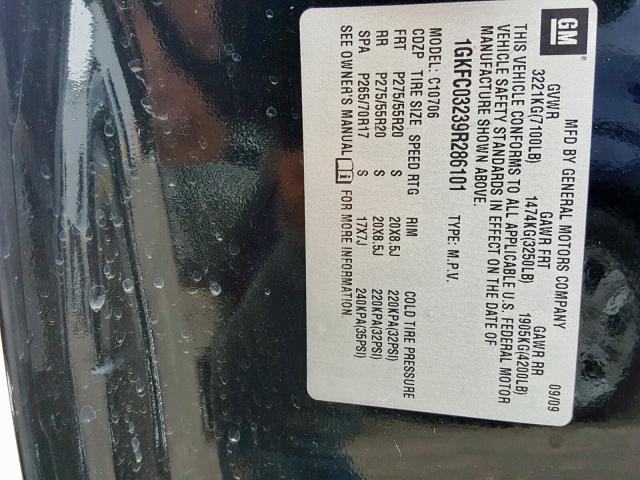 1GKFC03239R286101 - 2009 GMC YUKON DENA BLACK photo 10