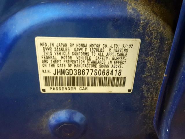 JHMGD38677S068418 - 2007 HONDA FIT S 蓝色 照片 10