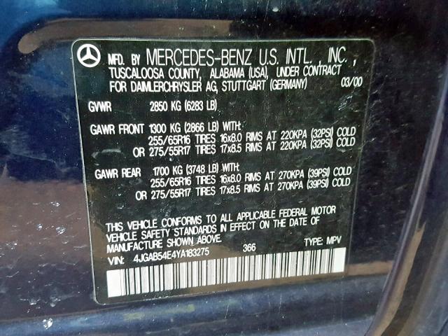 4JGAB54E4YA183275 - 2000 MERCEDES-BENZ ML 320 BLUE photo 10