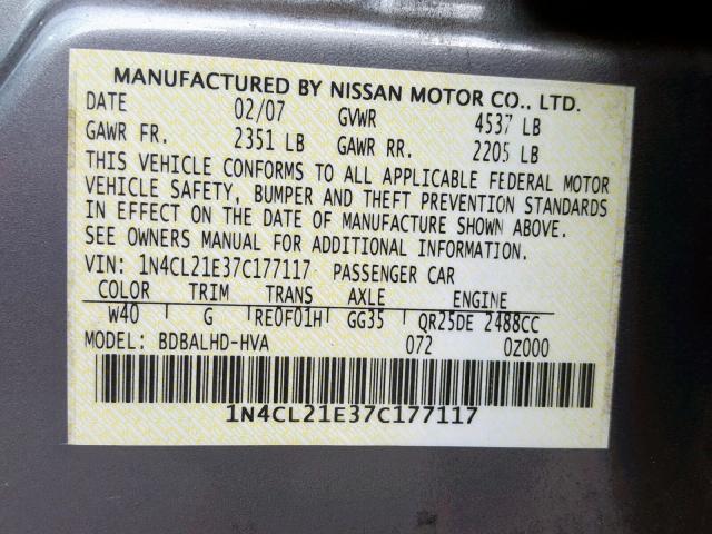 1N4CL21E37C177117 - 2007 NISSAN ALTIMA HYB GRAY photo 10