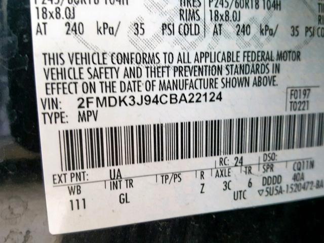 2FMDK3J94CBA22124 - 2012 FORD EDGE SEL BLACK photo 10