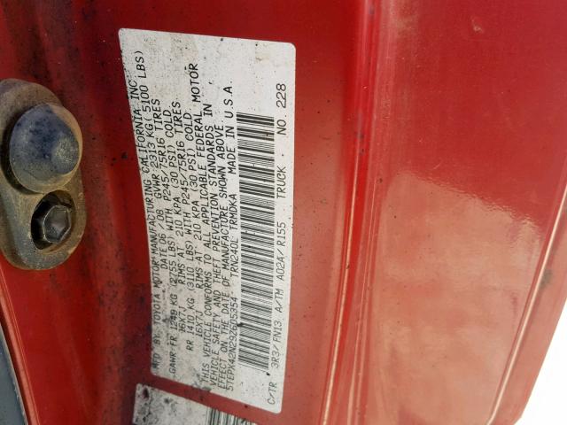 5TEPX42N29Z605354 - 2009 TOYOTA TACOMA RED photo 10